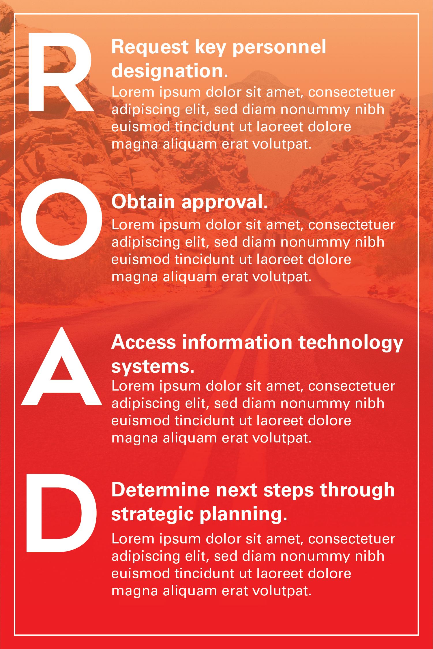 An acronym is presented: R. O. A. D. R: Request Personnel designation. O: Obtain Approval. A: Access information technology systems. D: Determine next steps through Strategic Planning.