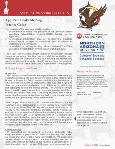 This photo is the front page of the accessible Applicant Intake Meeting Practice Guide – Smoke Signals that depicts the AIVRTTAC logo of an eagle holding 5 arrows flying through a circle next to the title of the Smoke Signals publication.