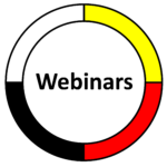 The AIVRTTAC website navigation consists of a multi-colored medicine wheel of white, red, yellow, and black arcs. The word Webinars is at the center of the medicine wheel.