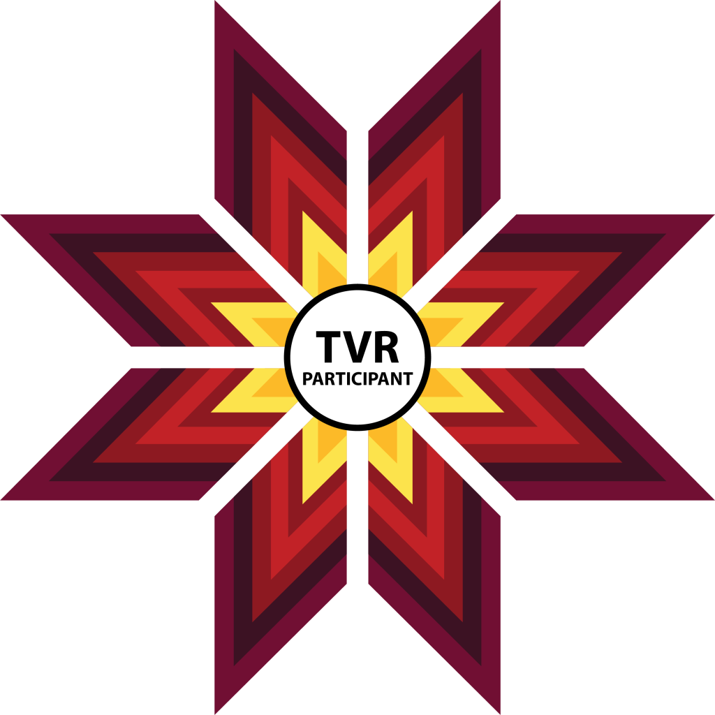The graphic depicts a star quilt with warm gradients and the TVR Participant embedded at the center of a multi-colored circle.